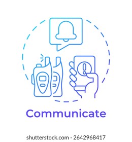 Ícone de conceito de comunicar gradiente azul. Ecossistema de segurança física. Coordenação entre os sistemas de emergência. Ilustração de linha de forma redonda. Ideia abstrata. Design gráfico. Fácil de usar no livreto