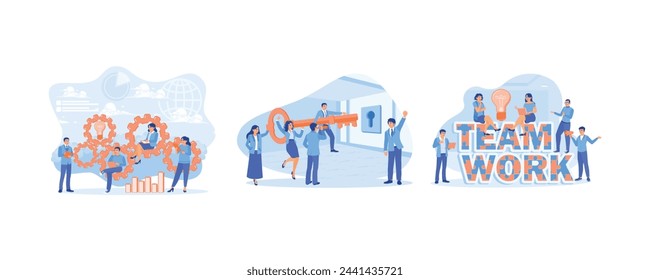 Comunicarse e intercambiar ideas. Clave del éxito. Trabajo en equipo. Concepto de trabajo en equipo. Establecer ilustración vectorial plana.