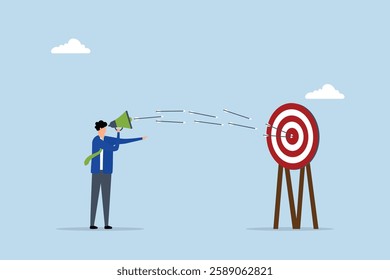 Communicate, entrepreneur promoter speaks through megaphone as archer strikes target bullseye. 