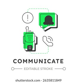 Communicate flat outline concept icon. Physical security ecosystem. Coordination strategy between emergency systems. Modern line illustration with green glyphs. Conceptual visual. Easy to edit
