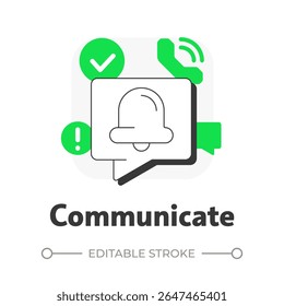 Ícone de conceito de comunicar estrutura de tópicos plana. Ecossistema de segurança física. Coordenação entre equipes do sistema de emergência. Ilustração de linha moderna com glifos verdes. Visual conceitual. Fácil de editar