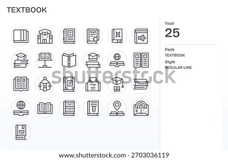 Communicate at a glance with 25 Regular Line icons that represent Textbook, grid-aligned and neat.
