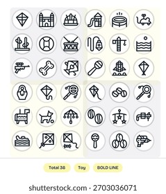 Comunícate de un vistazo con 36 iconos de Bold Line que representan a Toy, alineados en cuadrícula y ordenados.