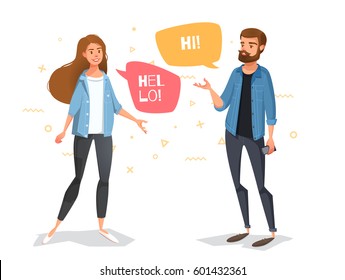 Communicate a guy and a girl with bubbles. Smiling cartoons for the banner. Vector illustration.