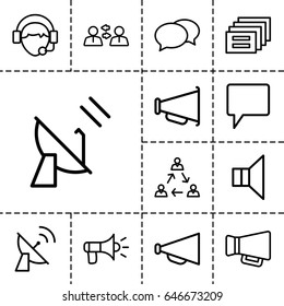 Communicate icon. set of 13 outline communicateicons such as chat, megaphone, operator, satellite, communication