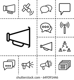 Communicate icon. set of 13 outline communicateicons such as signal tower, chat, megaphone, satellite, communication