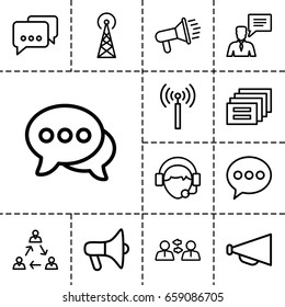 Communicate icon. set of 13 outline communicateicons such as signal tower, megaphone, chat, man with chat bubblle, operator, communication