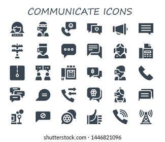 communicate icon set. 30 filled communicate icons.  Collection Of - Call center, Phone call, Chat, Megaphone, Transmission tower, Fax, Comments, Call, Bubbles, Thumbs up, Tower