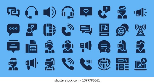communicate icon set. 32 filled communicate icons. on blue background style Simple modern icons about  - Chat, Call center, Headset, Speech, Fax, Megaphone, Audio, Phone call