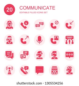 communicate icon set. Collection of 20 filled communicate icons included Call center, Phone call, Chat, Audio, Signal tower, Comment, Bubble