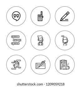 Communicate icon set. collection of 9 outline communicate icons with blogging, call center, chat, hangout, walkie talkie, write icons. editable icons.