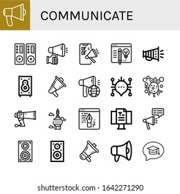 communicate icon set. Collection of Audio, Loudspeaker, Megaphone, Blog, Speaker, Chat, Bubbles, Tower, Speakers icons