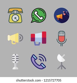 communicate icon set. vector set about phone call, megaphone, satellite dish and microphone icons set.