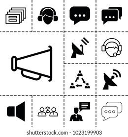 Communicate icons. set of 13 editable filled and outline communicate icons such as communication, message, man with chat bubblle, satellite, operator, megaphone