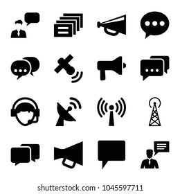Communicate icons. set of 16 editable filled communicate icons such as signal tower, megaphone, chat, message, man with chat bubblle, operator