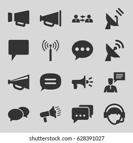 Communicate icons set. set of 16 communicate filled icons such as signal tower, chat, megaphone, man with chat bubblle, operator, satellite, communication