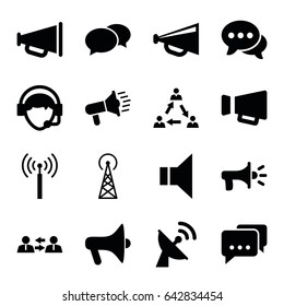 Communicate icons set. set of 16 communicate filled icons such as signal tower, chat, megaphone, operator, satellite, communication