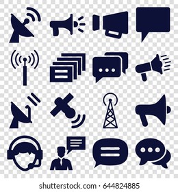 Communicate icons set. set of 16 communicate filled icons such as signal tower, chat, man with chat bubblle, megaphone, operator, satellite