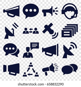 Communicate icons set. set of 16 communicate filled icons such as chat, megaphone, man with chat bubble, operator, satellite, communication