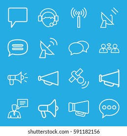 communicate icons set. Set of 16 communicate outline icons such as signal tower, chat, megaphone, man with chat bubblle, operator, satellite