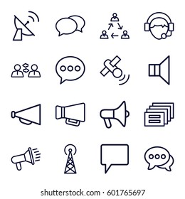 communicate icons set. Set of 16 communicate outline icons such as signal tower, chat, megaphone, operator, satellite, communication