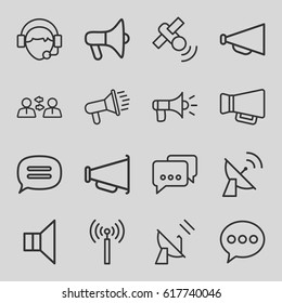 Communicate icons set. set of 16 communicate outline icons such as signal tower, megaphone, operator, chat, satellite, communication