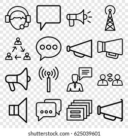 Communicate icons set. set of 16 communicate outline icons such as signal tower, megaphone, chat, man with chat bubblle, operator, communication