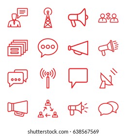 Communicate icons set. set of 16 communicate outline icons such as signal tower, chat, megaphone, man with chat bubblle, satellite, communication