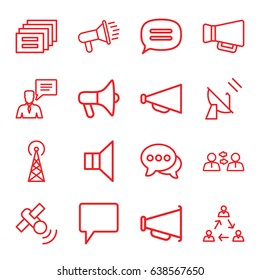 Communicate icons set. set of 16 communicate outline icons such as signal tower, megaphone, chat, man with chat bubblle, satellite, communication