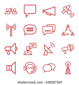 Communicate icons set. set of 16 communicate outline icons such as signal tower, chat, megaphone, man with chat bubblle, operator, satellite, communication