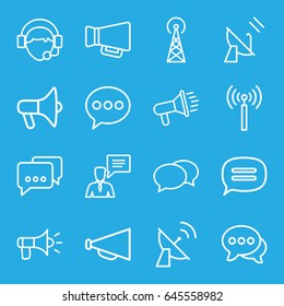 Communicate icons set. set of 16 communicate outline icons such as signal tower, chat, megaphone, man with chat bubblle, operator, satellite