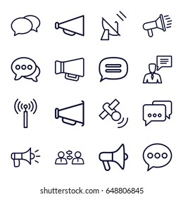 Communicate icons set. set of 16 communicate outline icons such as signal tower, chat, megaphone, man with chat bubblle, satellite, communication