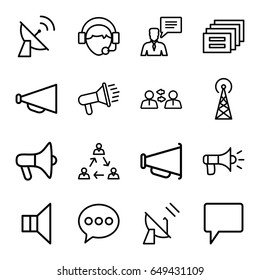 Communicate icons set. set of 16 communicate outline icons such as signal tower, megaphone, chat, man with chat bubblle, operator, satellite, communication