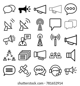 Communicate icons. set of 25 editable outline communicate icons such as megaphone, signal tower, chat, communication, message, man with chat bubblle, operator