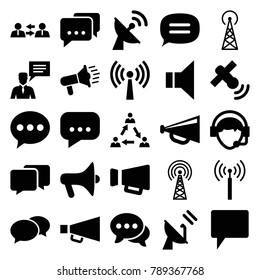 Communicate icons. set of 25 editable filled communicate icons such as signal tower, chat, megaphone, communication, message, man with chat bubblle, operator