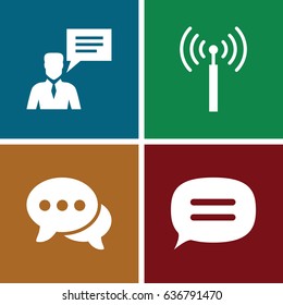 Communicate icons set. set of 4 communicate filled icons such as signal tower, chat