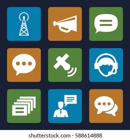 communicate icons set. Set of 9 communicate filled icons such as signal tower, megaphone, chat, man with chat bubblle, operator, satellite