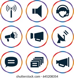Communicate icons set. set of 9 communicate filled icons such as signal tower, megaphone, operator, chat, satellite