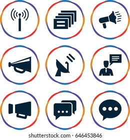 Communicate icons set. set of 9 communicate filled icons such as signal tower, megaphone, man with chat bubblle, satellite, message