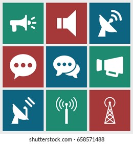 Communicate icons set. set of 9 communicate filled icons such as signal tower, chat, megaphone