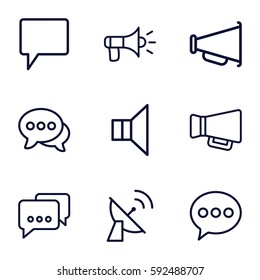 communicate icons set. Set of 9 communicate outline icons such as chat, megaphone, satellite