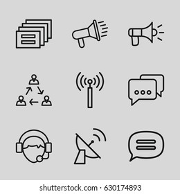 Communicate icons set. set of 9 communicate outline icons such as signal tower, operator, chat, megaphone, satellite, communication
