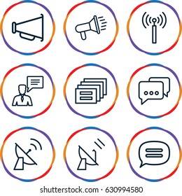 Communicate icons set. set of 9 communicate outline icons such as signal tower, man with chat bubblle, chat, megaphone, satellite