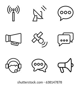Communicate icons set. set of 9 communicate outline icons such as signal tower, chat, megaphone, operator, satellite