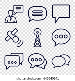 Communicate icons set. set of 9 communicate outline icons such as signal tower, chat, man with chat bubblle, satellite