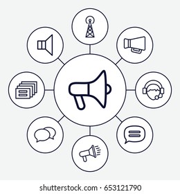 Communicate icons set. set of 9 communicate outline icons such as signal tower, chat, megaphone, operator