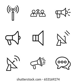 Communicate icons set. set of 9 communicate outline icons such as signal tower, chat, megaphone, satellite