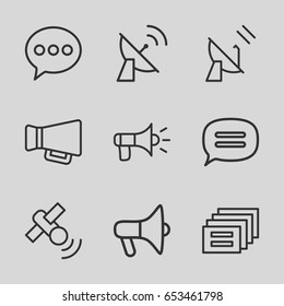 Communicate icons set. set of 9 communicate outline icons such as megaphone, chat, satellite
