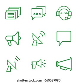 Communicate icons set. set of 9 communicate outline icons such as chat, operator, megaphone, satellite