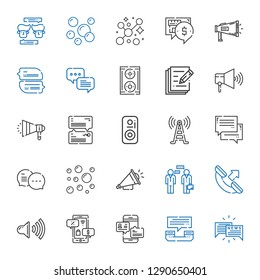 communicate icons set. Collection of communicate with chat, phone call, negotiation, speaker, conversation, loudspeaker, bubbles, signal tower. Editable and scalable communicate icons.